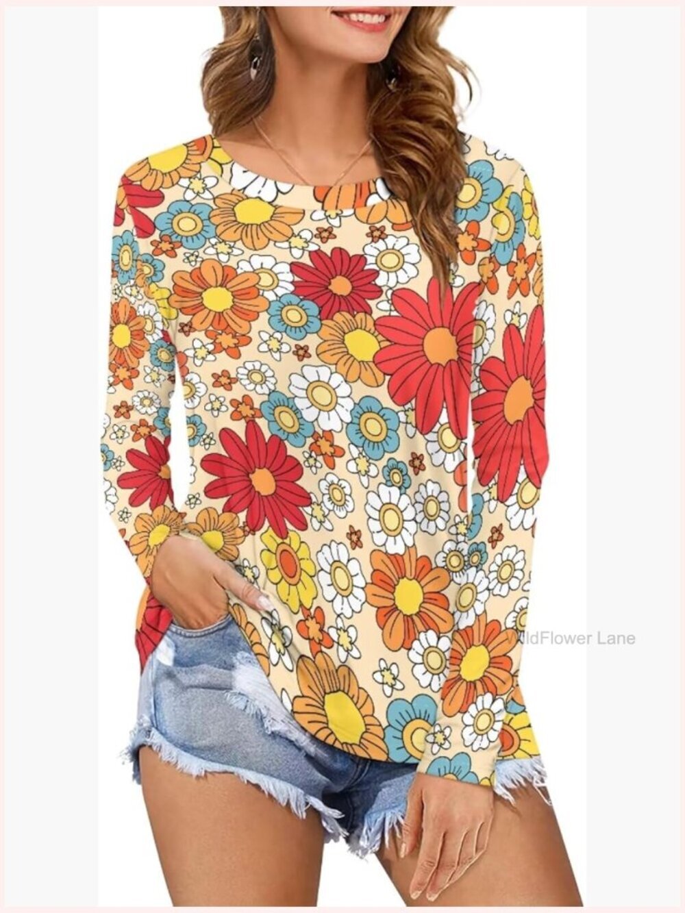 70s Disco Hippie Floral Blouse Tunic Long Sleeve T-Shirt Dressy Work Top Y2K